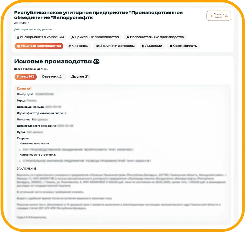 Пример отчёта Dazor: судебные дела компании в Беларуси — упоминания и статусы
